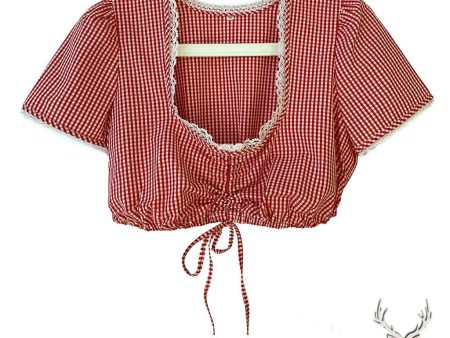 Women s Cropped Vichy Dirndl Blouse  Nicole  - adjustable low neckline - Red Supply