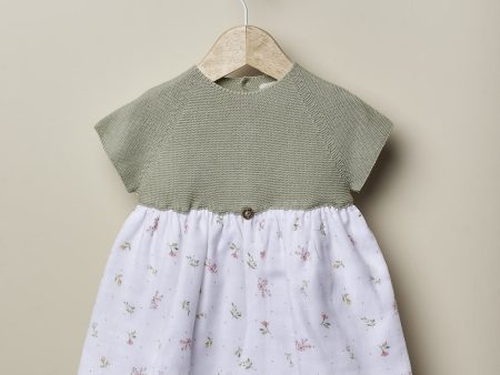 Abito in maglia e cotone per bambini verde fiori Hot on Sale